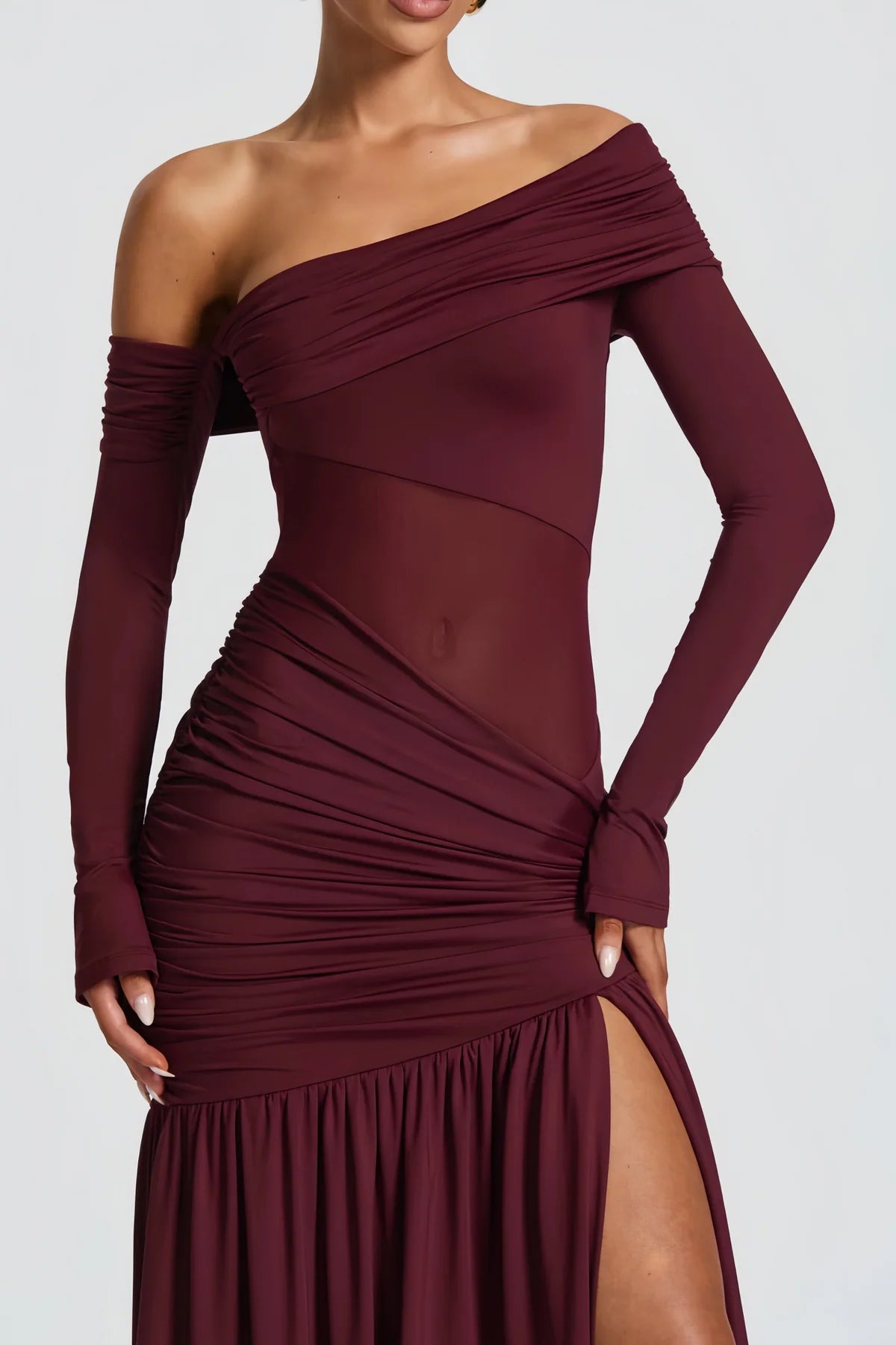 Burgundy One Shoulder Gathered Maxi Dress