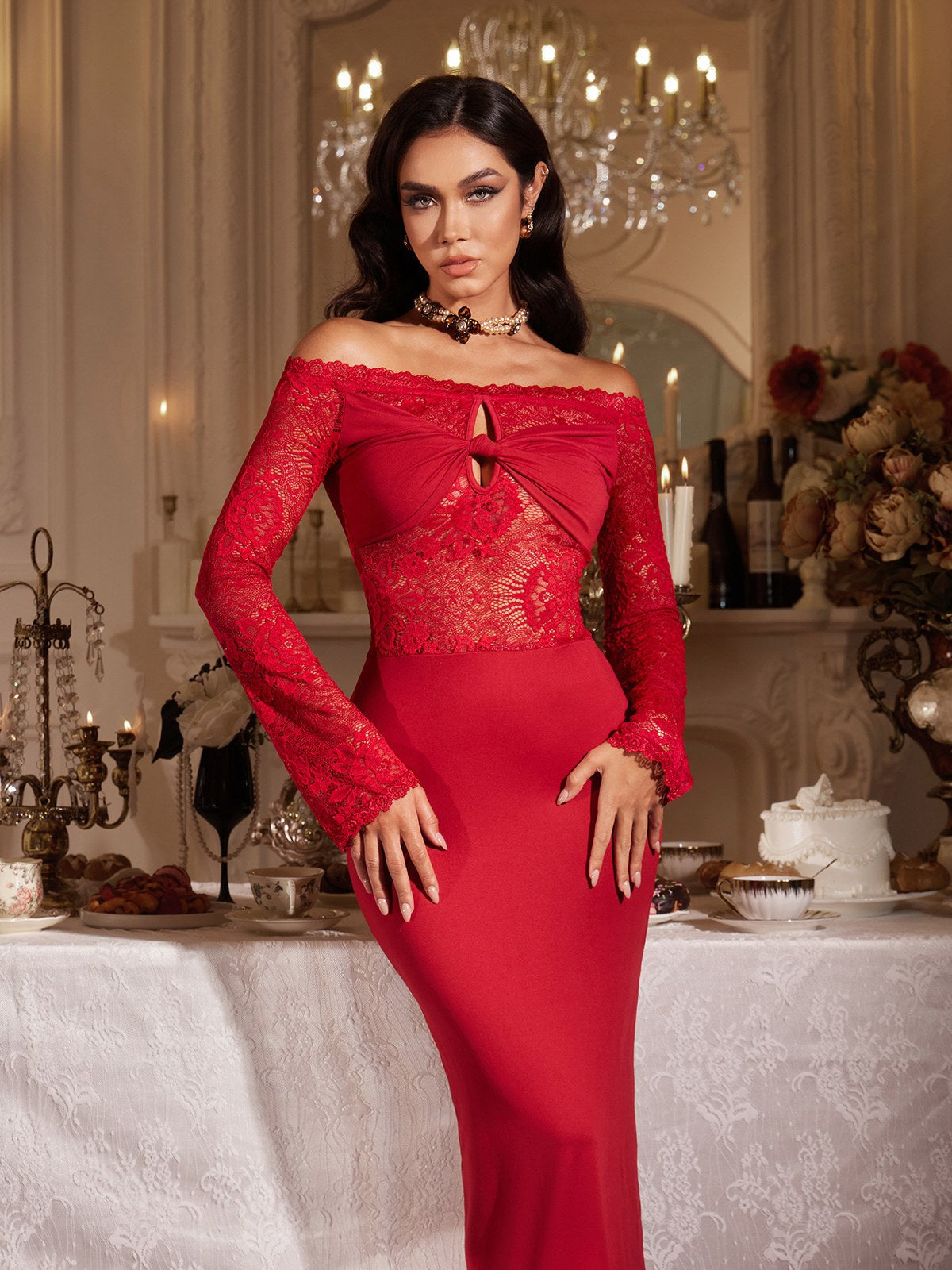 Off Shoulder Cutout Lace Maxi Dress