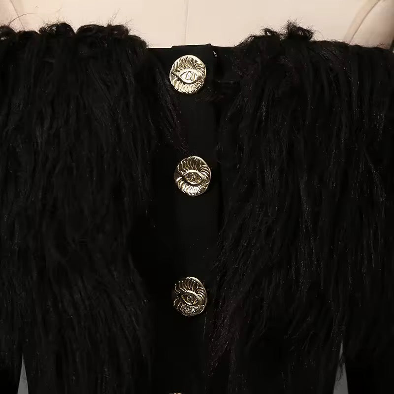 Black Off Shoulder Fur Trim Blazer
