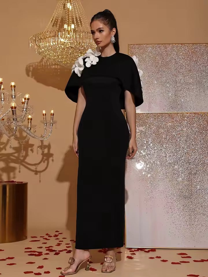 Black Splicing Appliques Shawl Sleeves Slim Long Dress