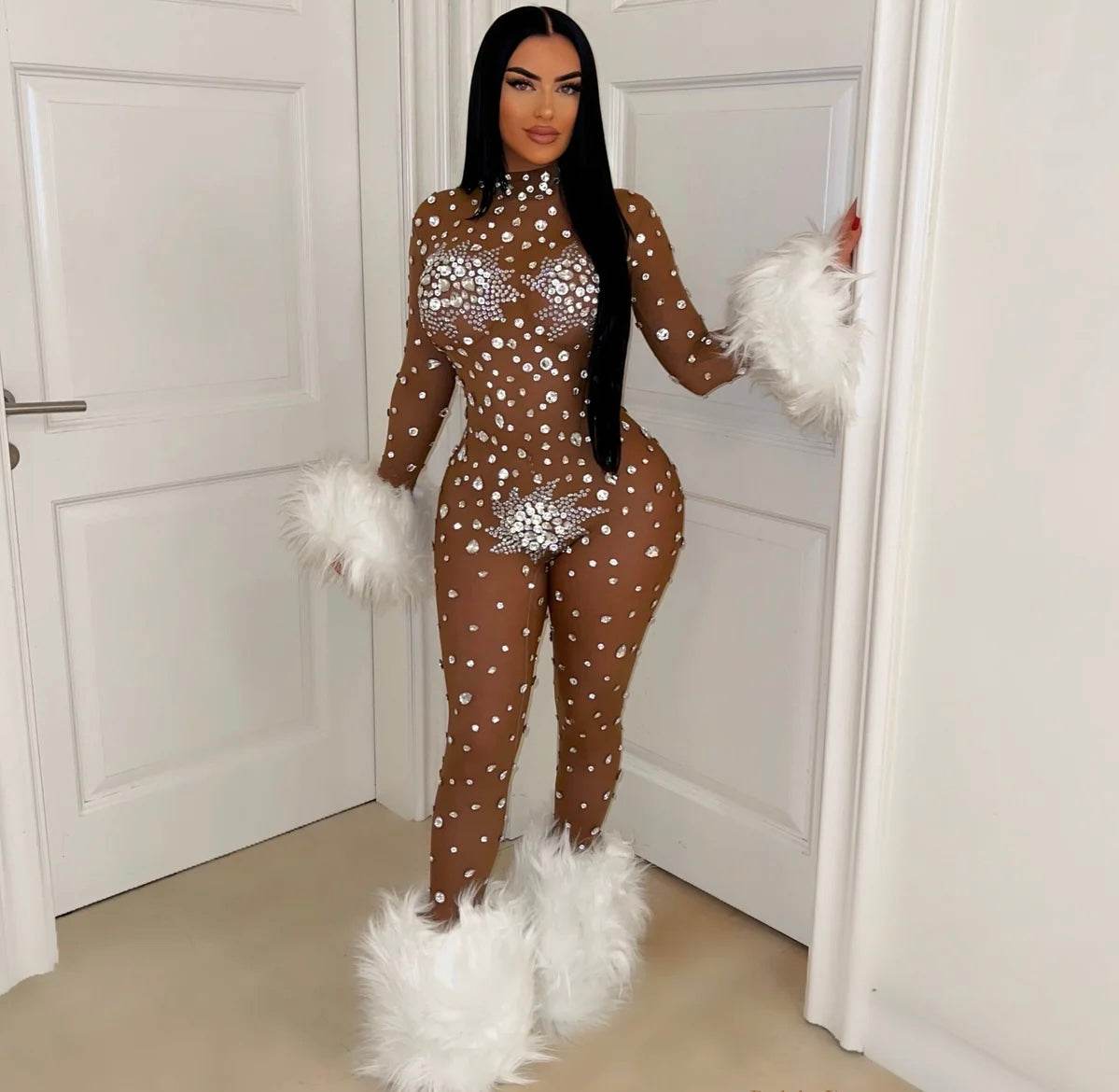 Caro crystal fur jumpsuit - REBECATHELABEL