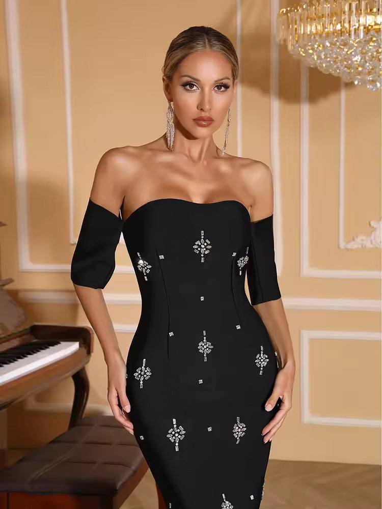 Off Shoulder Short Sleeves Diamonds Bandage Dress