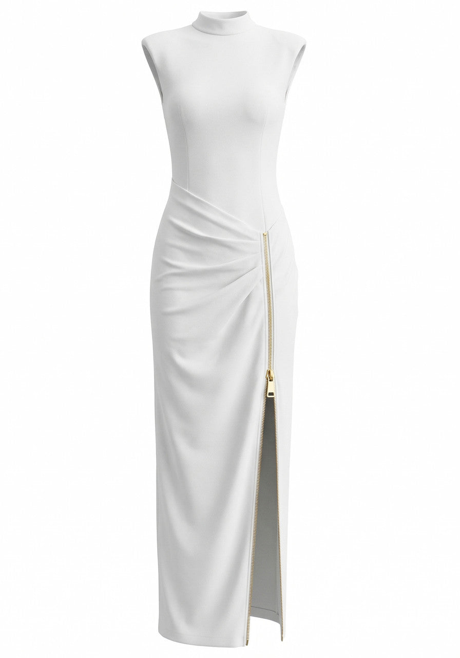 Zipper Detail Maxi Dress White