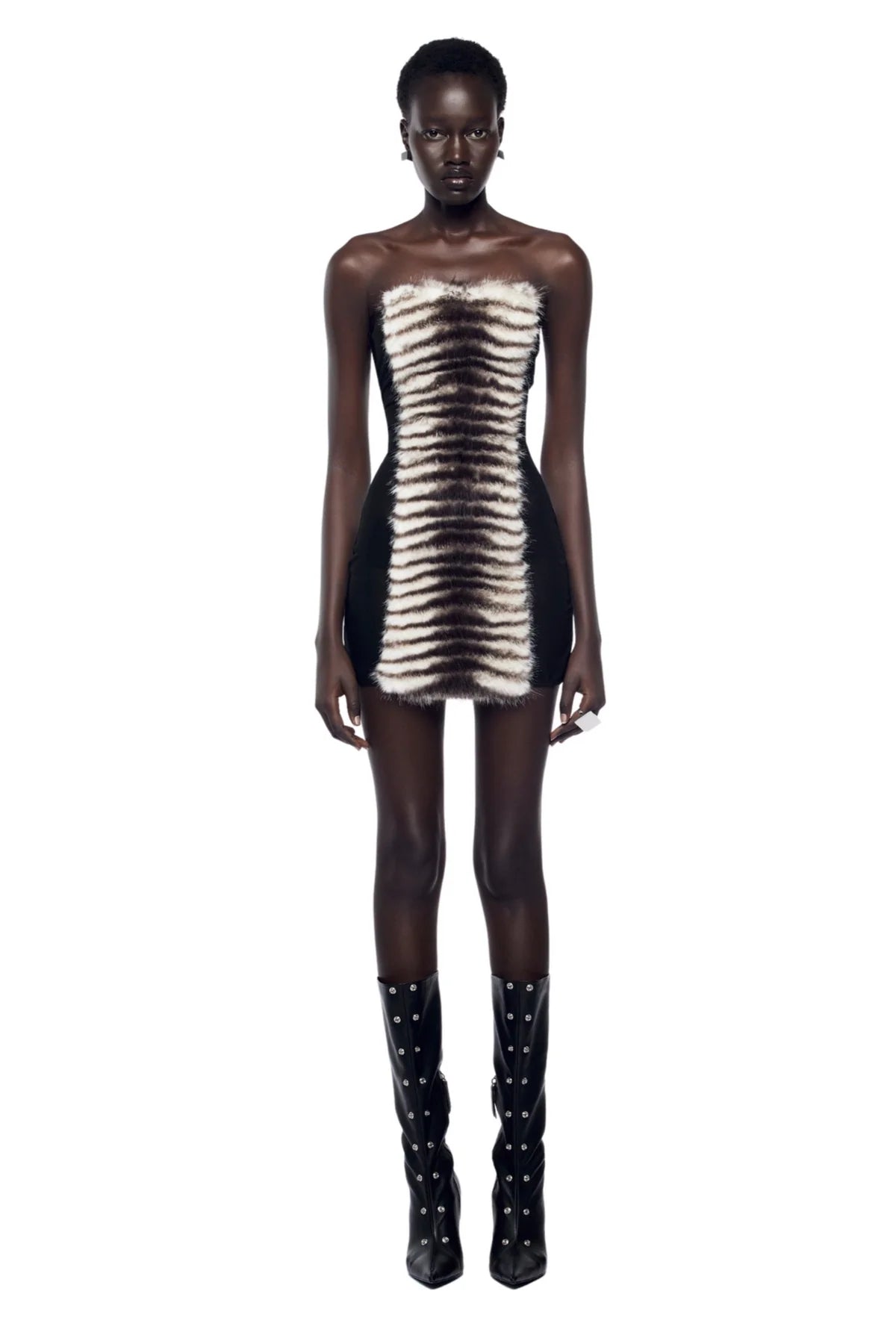 Black Strapless Fur Panel Mini Dress