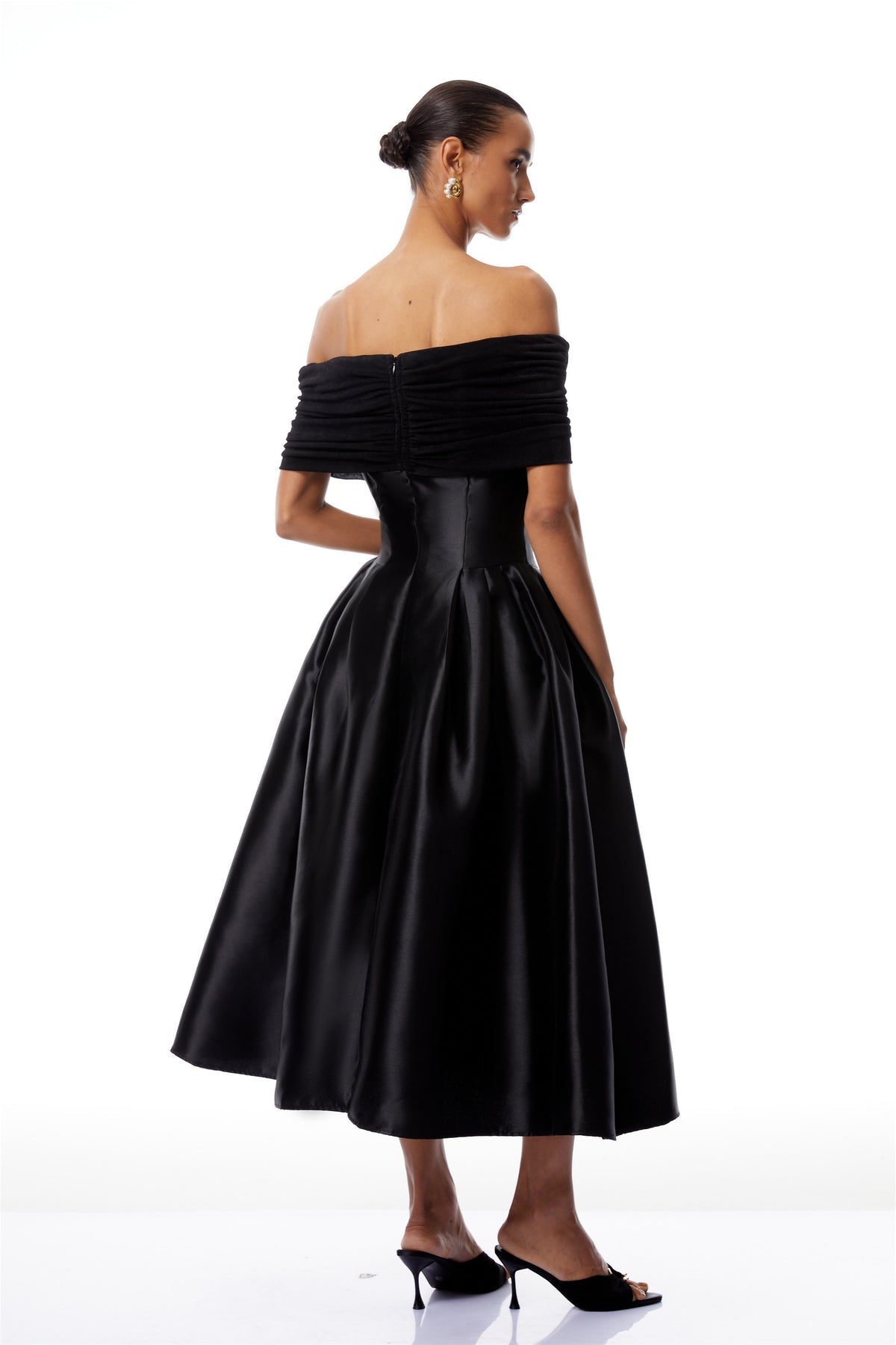 Black Off Shoulder Polished Midi Dress