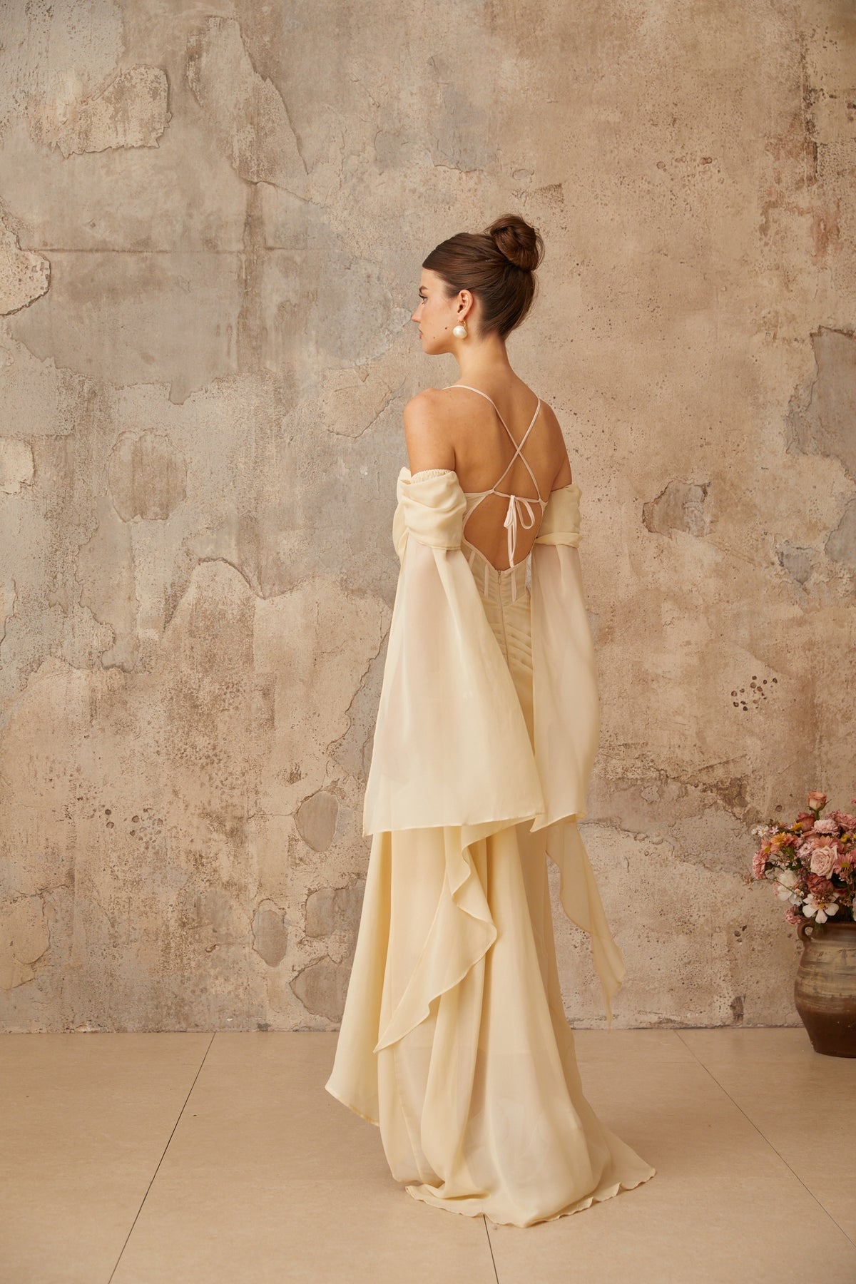 Neutral Ruched Chiffon Maxi Dress