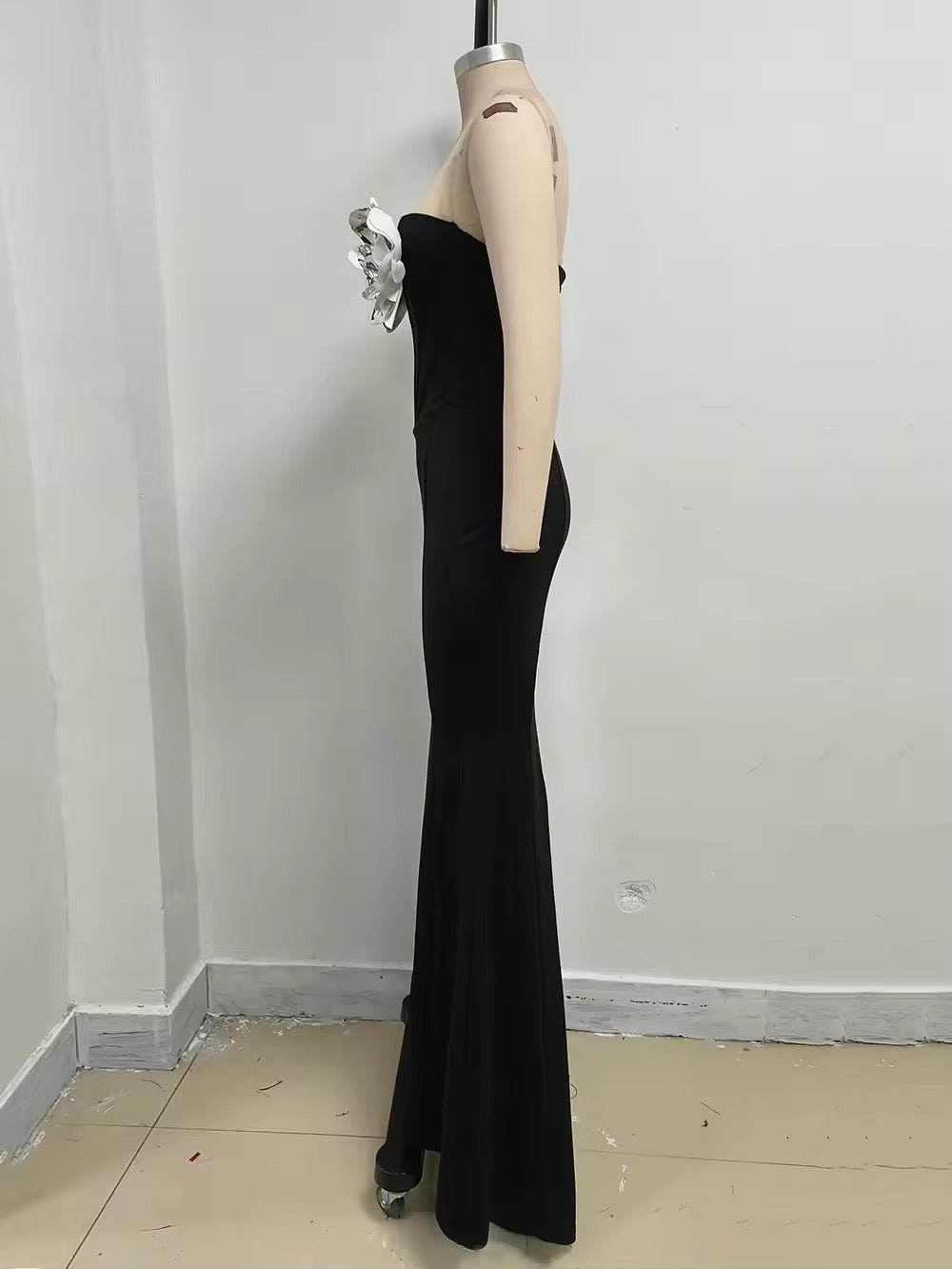 3D Flowers Strapless Long Black Mermaid Maxi Dress - REBECATHELABEL