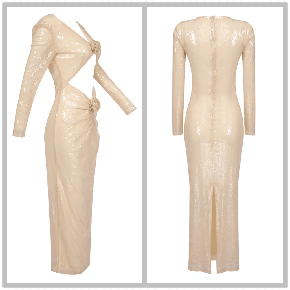 V-neck Long sleeved 3D Flower Sequin Hollow Tight Midi Dress - REBECATHELABEL