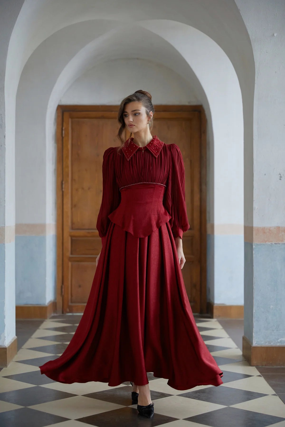 Red Beaded Pleated Textured Maxi Dress