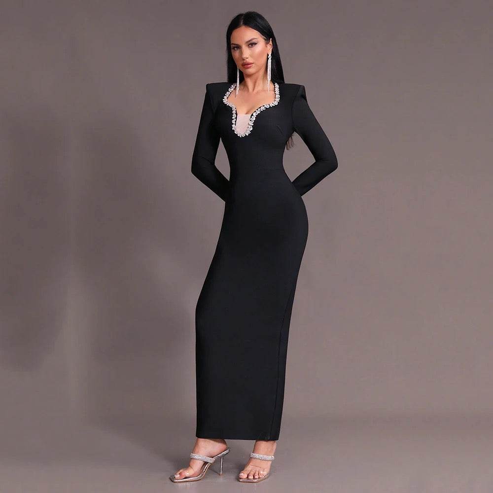 V-neck Diamond Mesh Long Sleeve Tight Long Bandage Dress - REBECATHELABEL