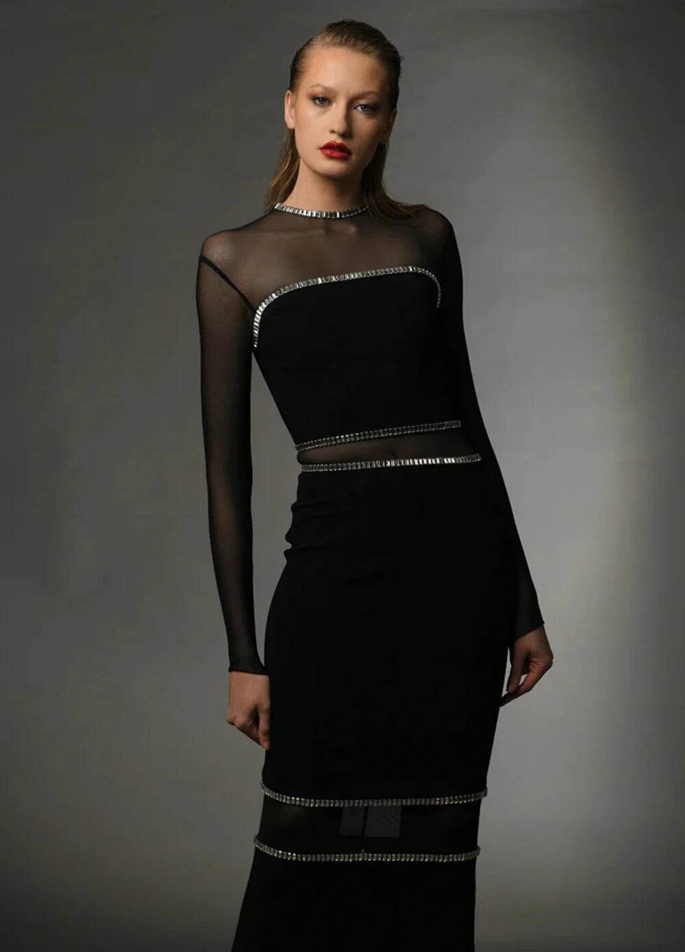 Spliced Mesh Diamond Tight Bandage Long dress - REBECATHELABEL