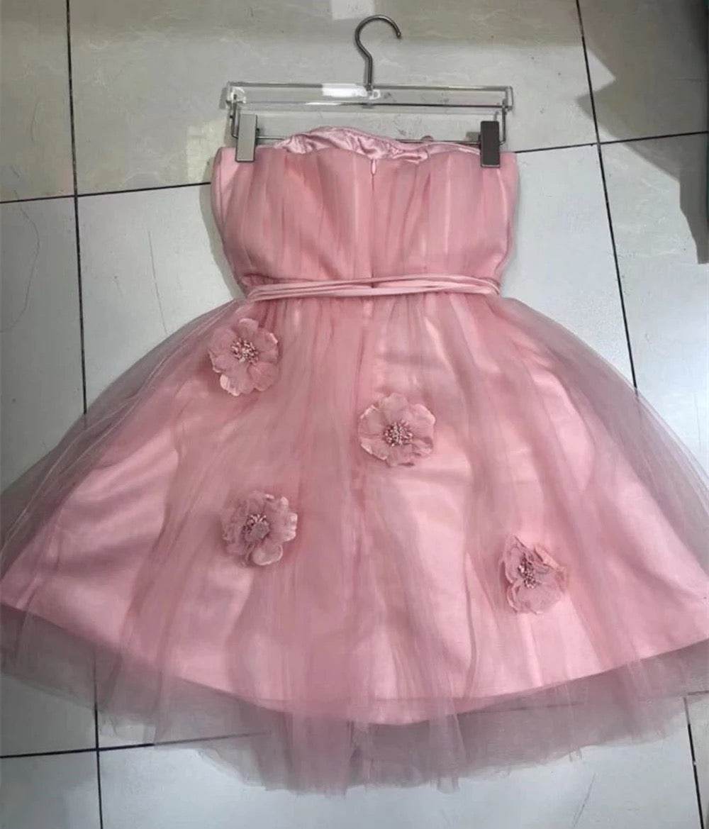 Strapless Pink Lace 3D Flower Mini Dress - REBECATHELABEL