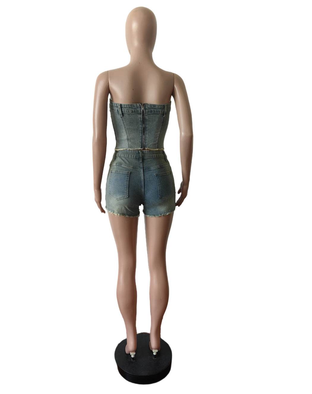 Tube Top Denim Shorts Nostalgic Stretch Shorts Set - REBECATHELABEL