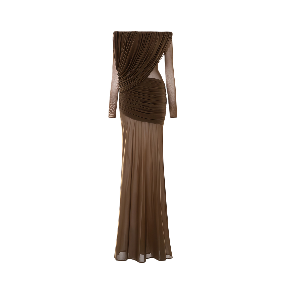 Brown Asymmetrical Draped Mesh Maxi Dress