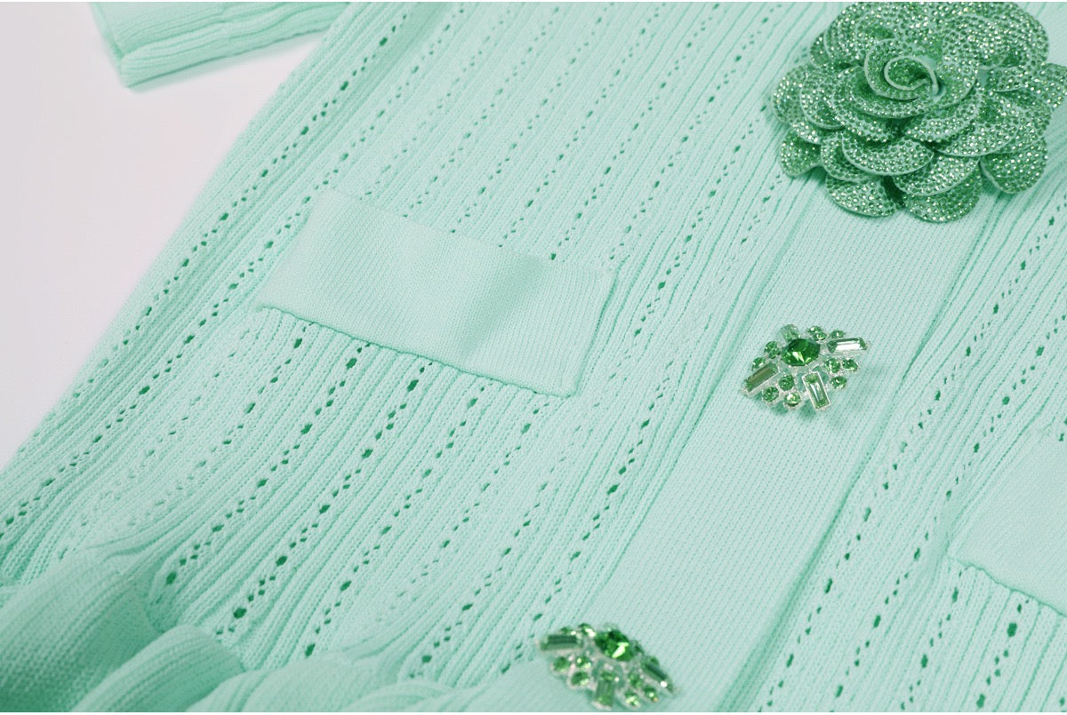 Knitted Collar Slim Fit Short Sleeved Three-dimensional Flower Button Long dress