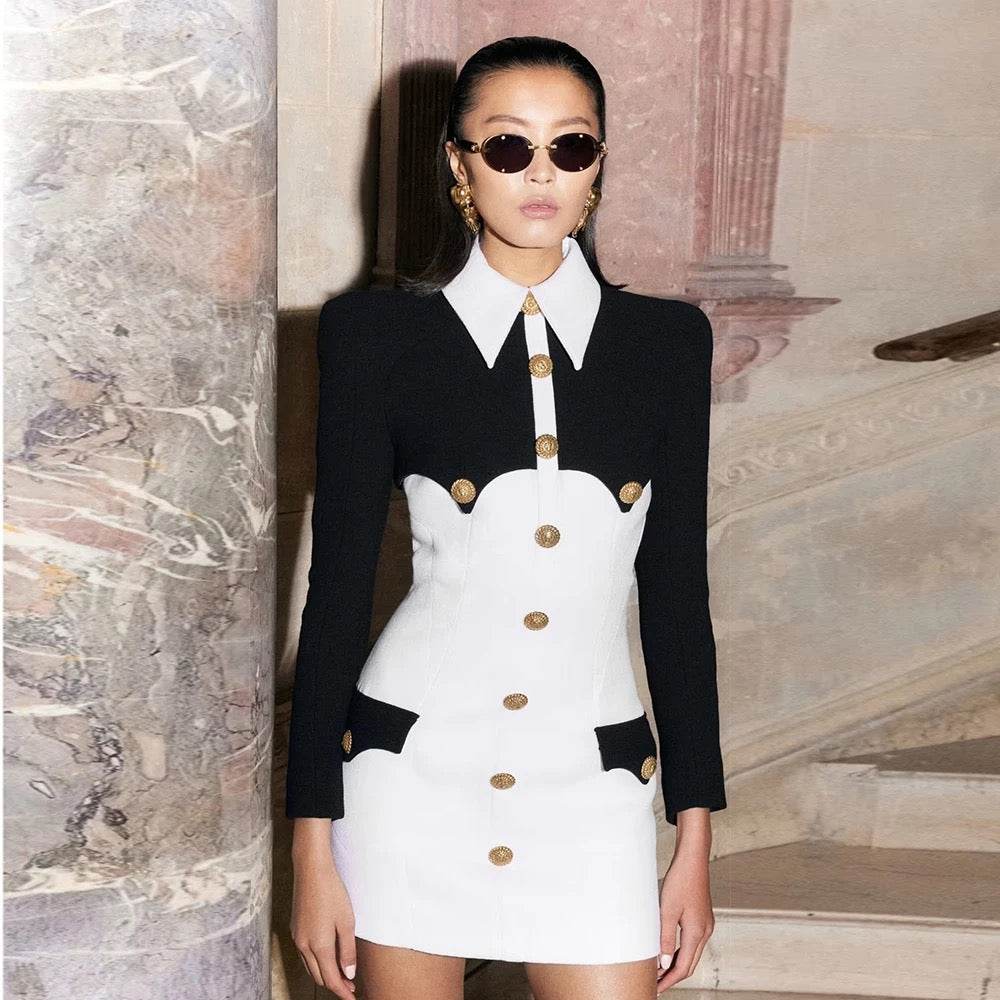 sleeved Button Mini Tight Bandage Dress - REBECATHELABEL