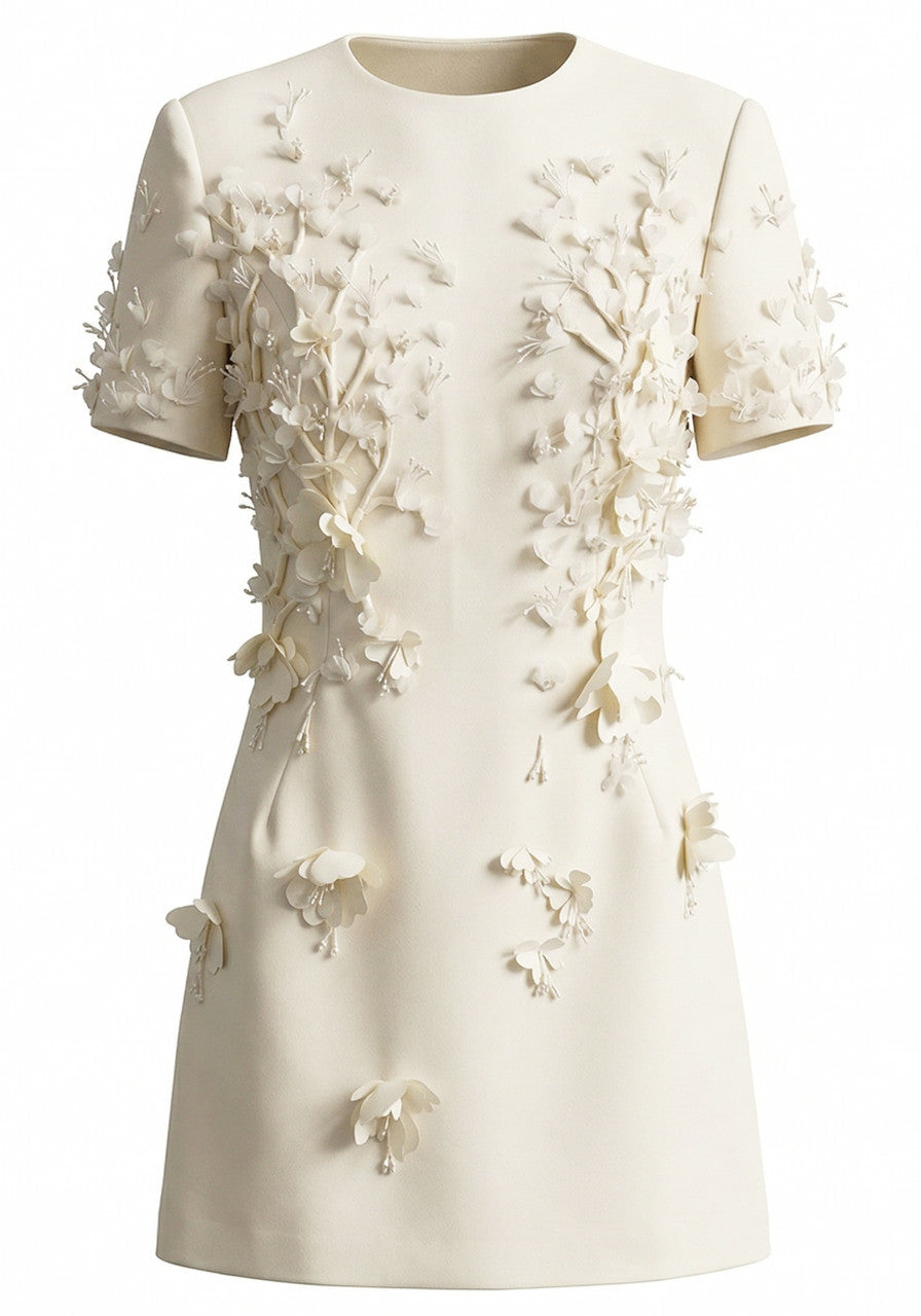 Short Sleeve Floral Dress Ivory