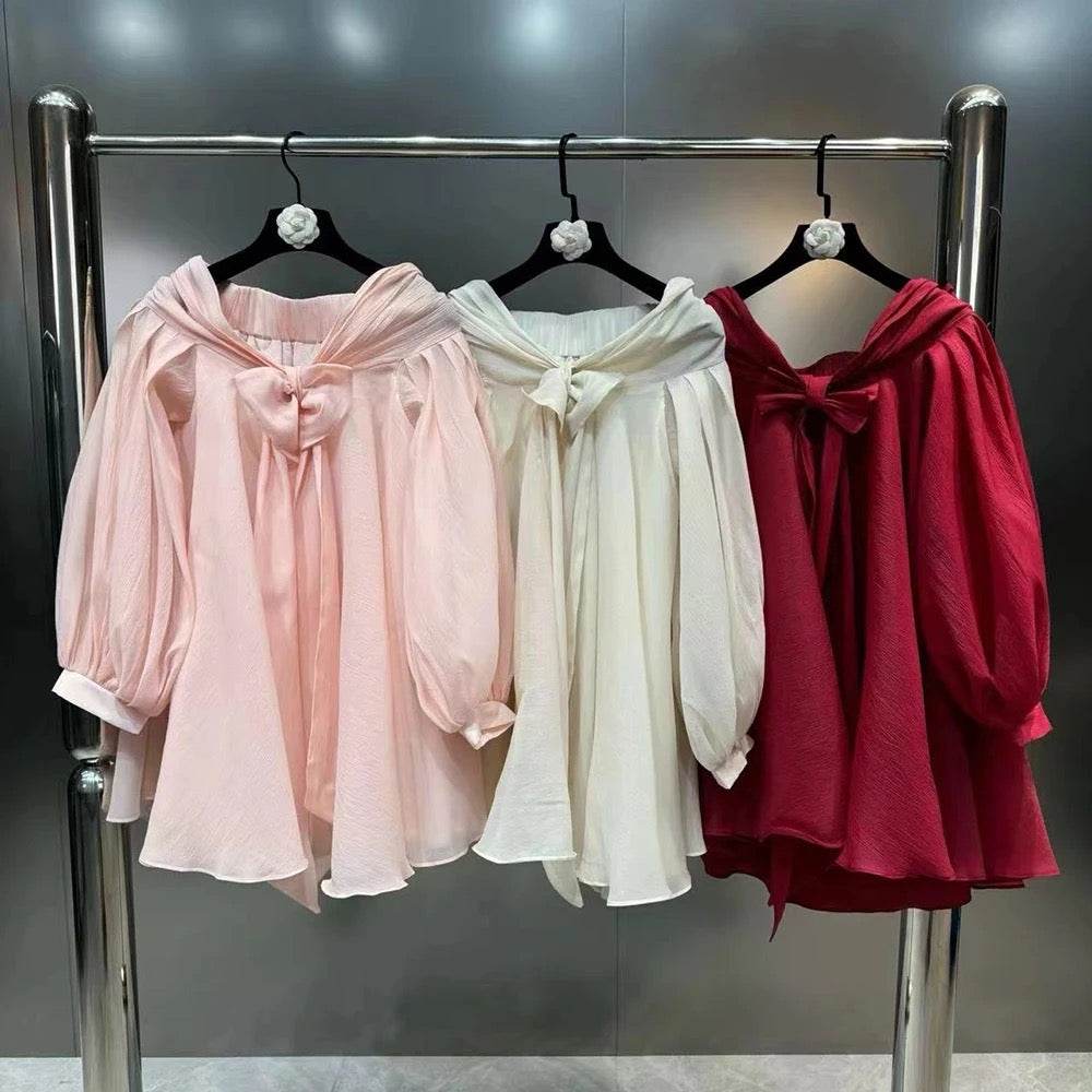 Off Shoulder Long Sleeve Bow Loose Mini Dress - REBECATHELABEL