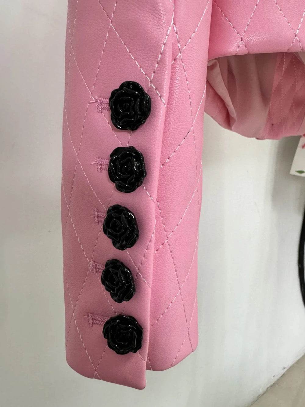 Pink Diamond Quilted Short Leather Jacket Leather Mini Skirt set - REBECATHELABEL