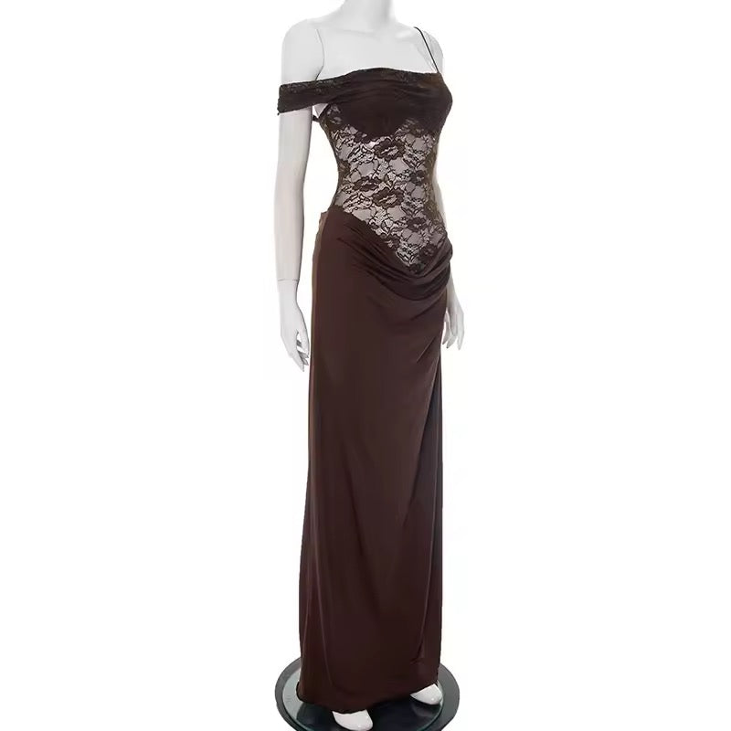 Brown Lace Panel Asymmetrical Maxi Dress