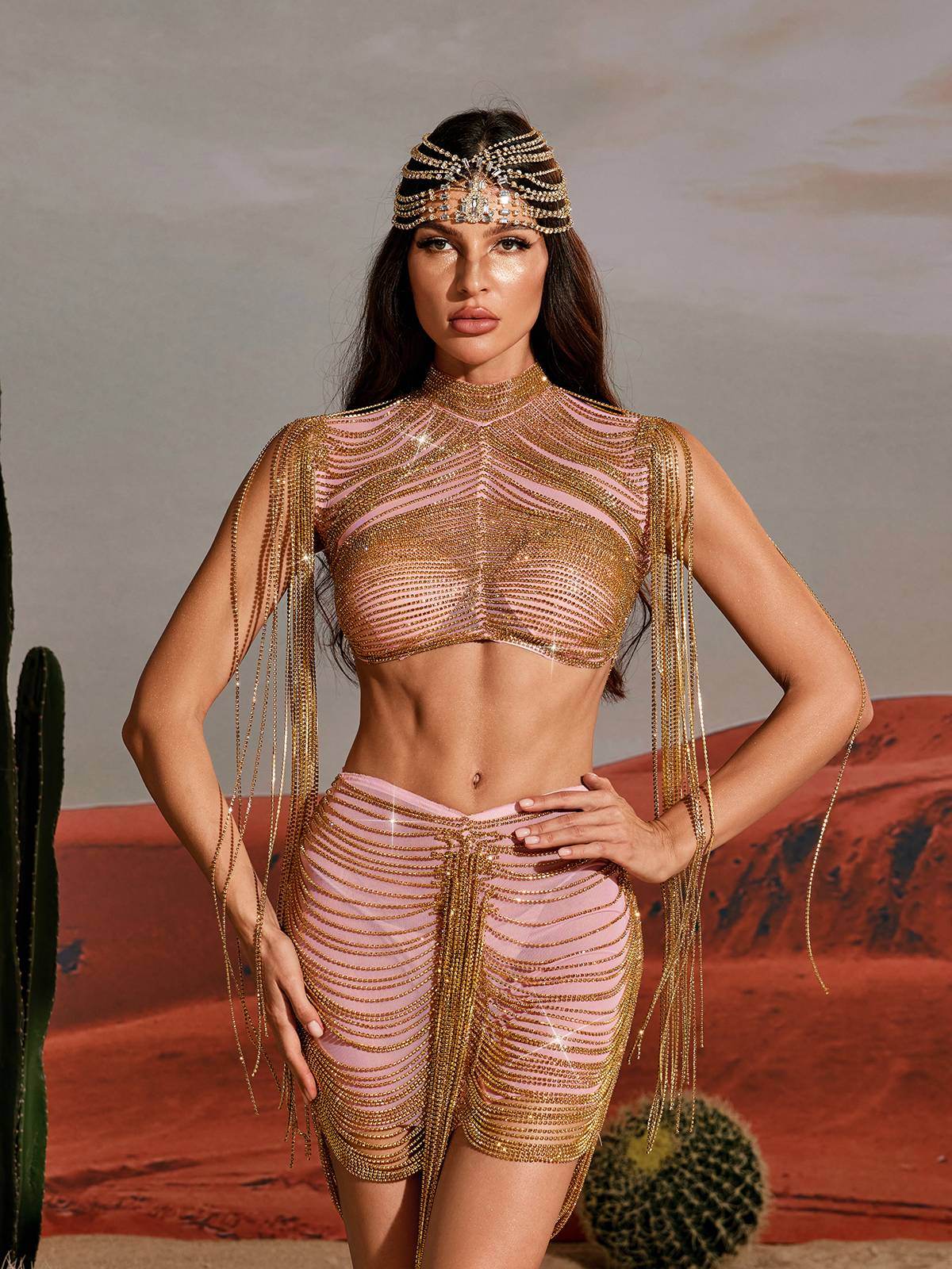 Crystal Chain Skirt Set In Gold - REBECATHELABEL