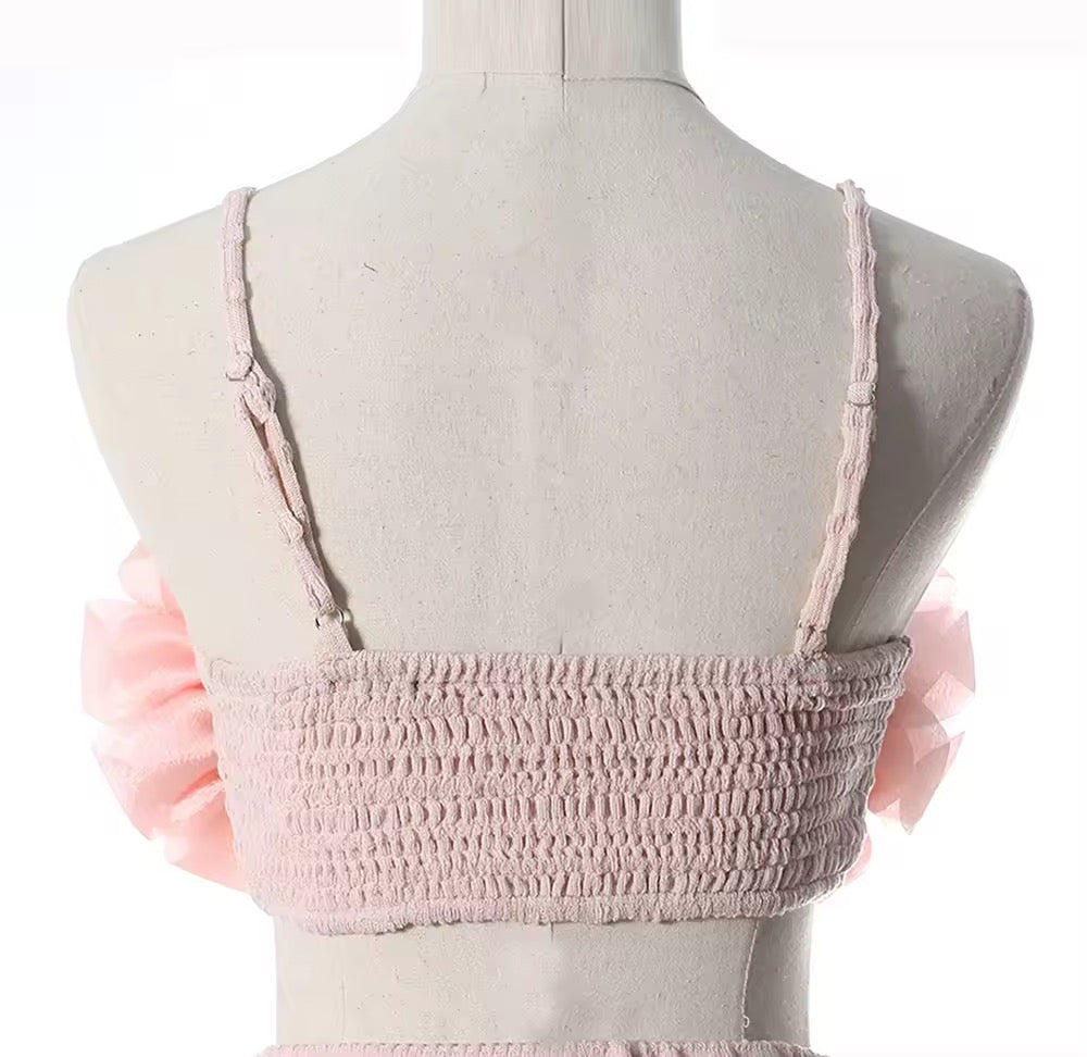 Pink Two Pieces Set Elastic Large Flower Crop Top+High Waist Flare Pants Set