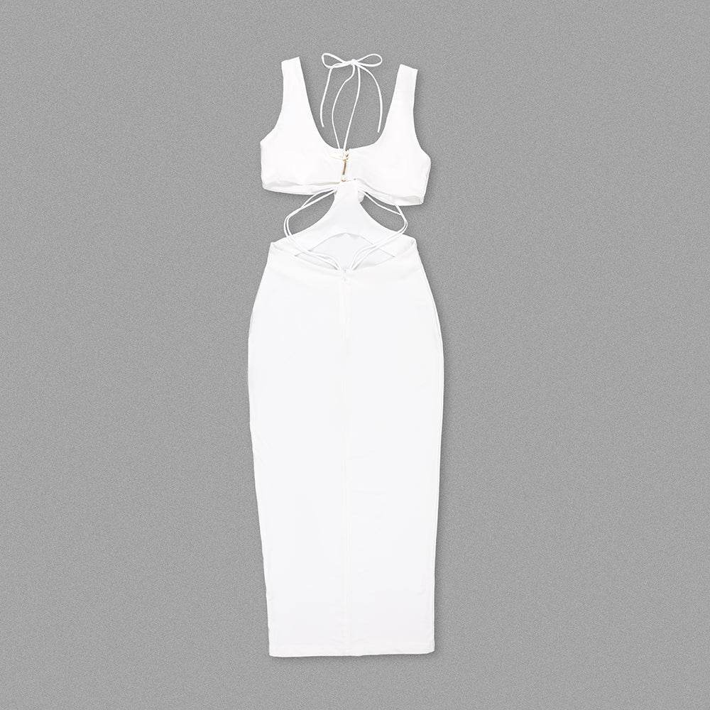 Hollow Out Sleeveless Halter Slim Midi Dress - REBECATHELABEL