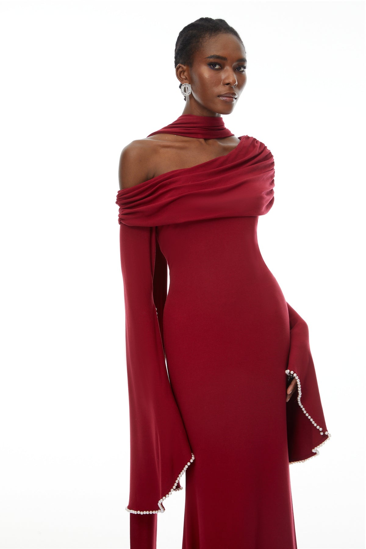 Burgundy One Shoulder Pearl Trim Maxi Gown