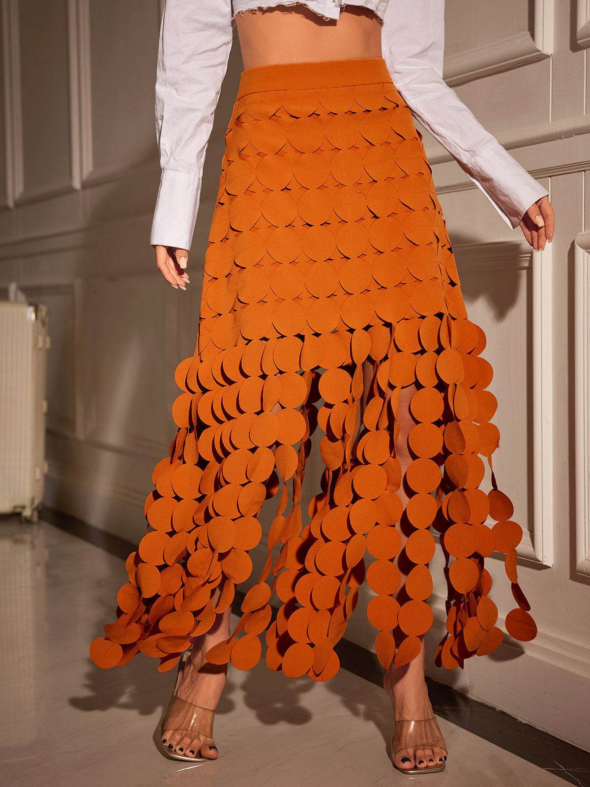 Circle Cutout Fringe Skirt In Orange - REBECATHELABEL