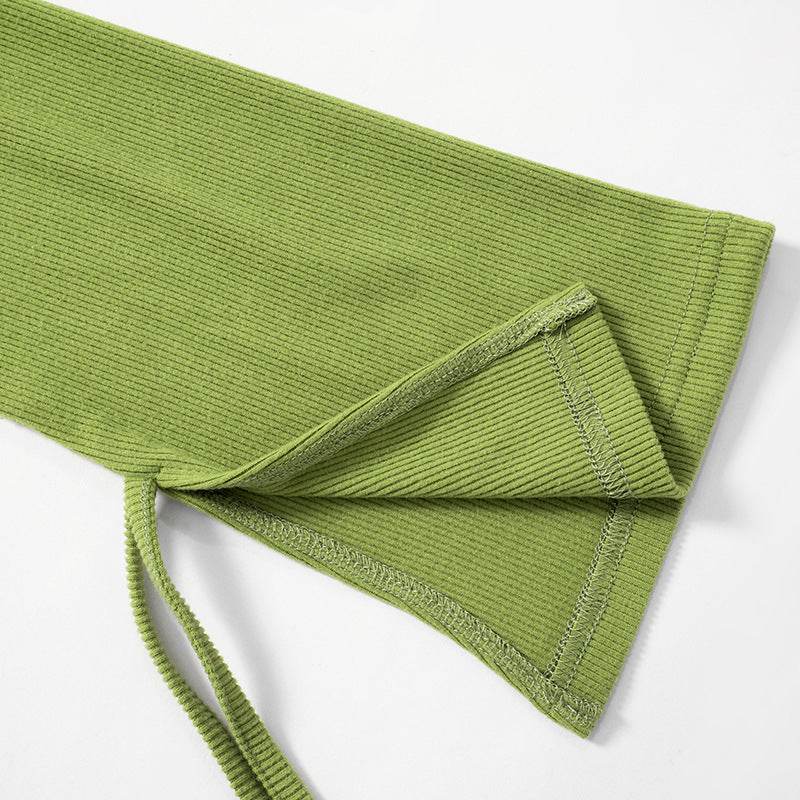 off the Shoulder Cropped Long Sleeve Top High Waist Trousers Lace up Set - REBECATHELABEL