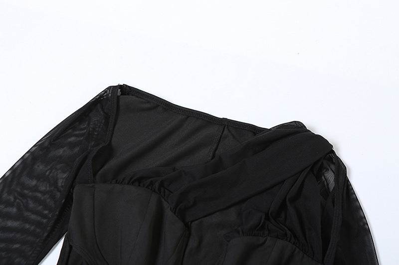 Long Sleeve Diagonal Collar Sexy Cutout Slim Fit Sheath Elegant Dress - REBECATHELABEL