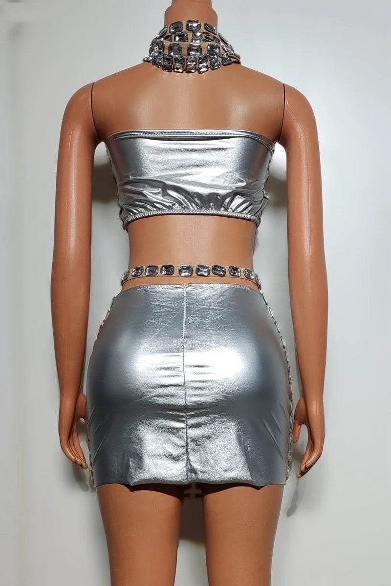 Party Glam Mesh Rhinestones Faux Leather Skirt Set - REBECATHELABEL