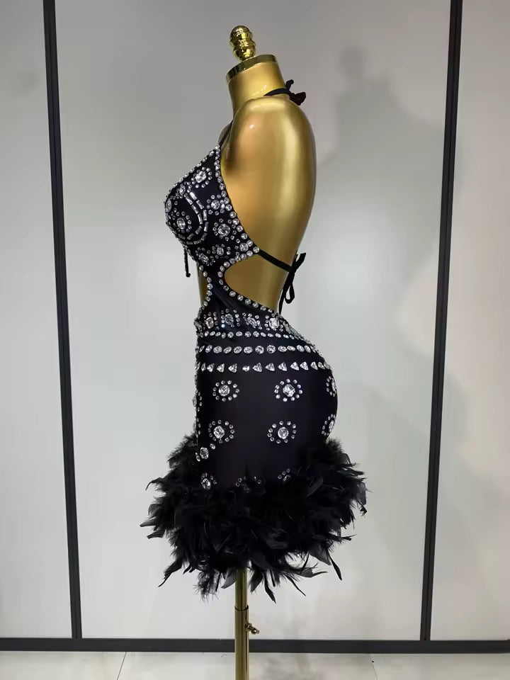 Halter Crystal Feathers Bodycon Mini Dress