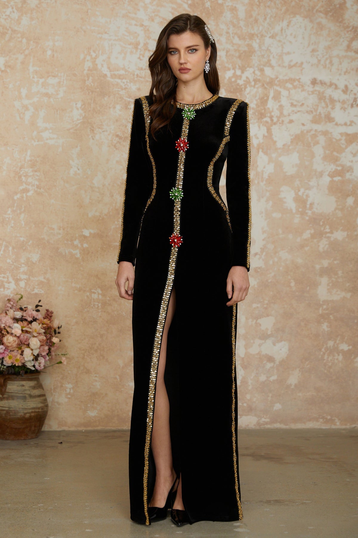 Black Crystal Embellished Front Slit Maxi Dress