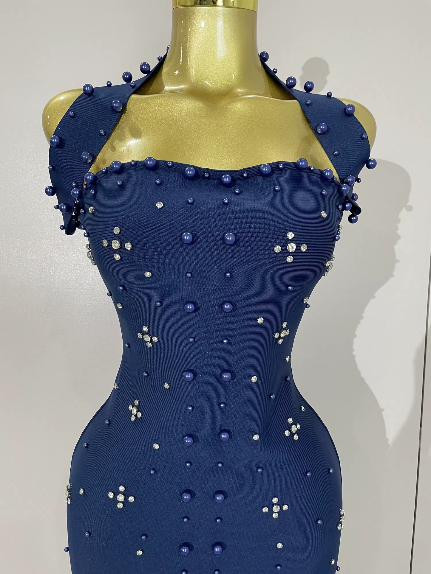 Sparkly Rhinestone Pearl Sleeveless Bodycon Bandage Long Dress