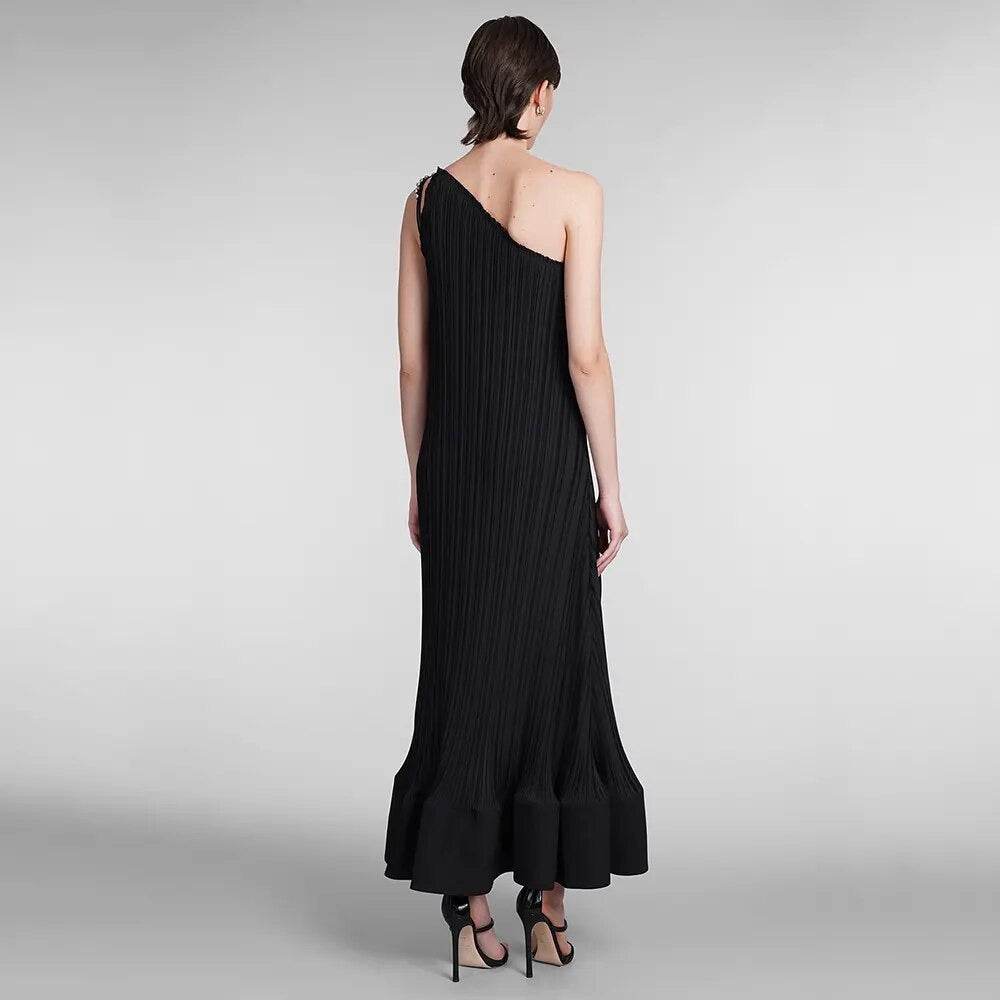 One Shoulder Sleeveless Asymmetric Folded Loose Ruffle Dress - REBECATHELABEL