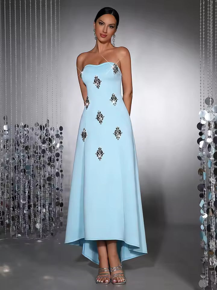 Solid Diamond Elegant Strapless Sleeveless High Waist Asymmetric Long Dress
