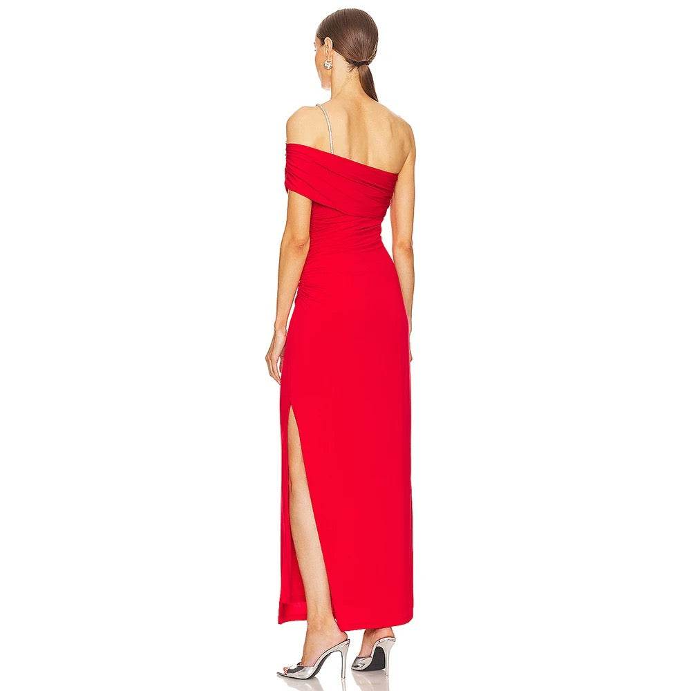 One Shoulder Tight Asymmetric Wrinkle Maxi Bandage Dress - REBECATHELABEL
