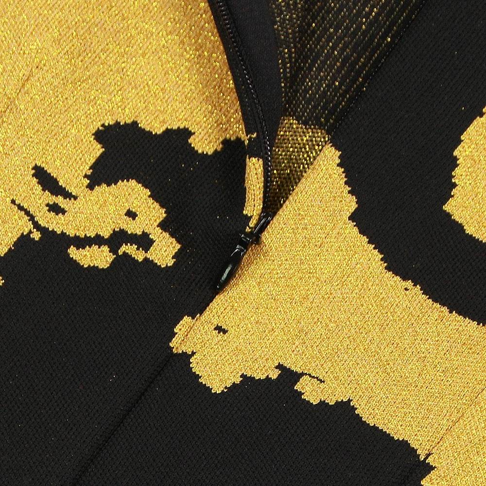 Long sleeved Gold Printed Tight Mini Bandage Dress - REBECATHELABEL