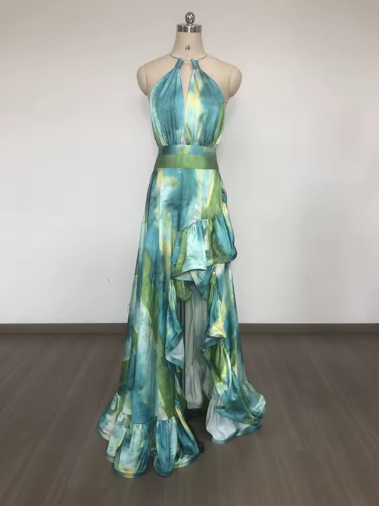 Halter Neck Hollow Out Printed Slim Long Dress