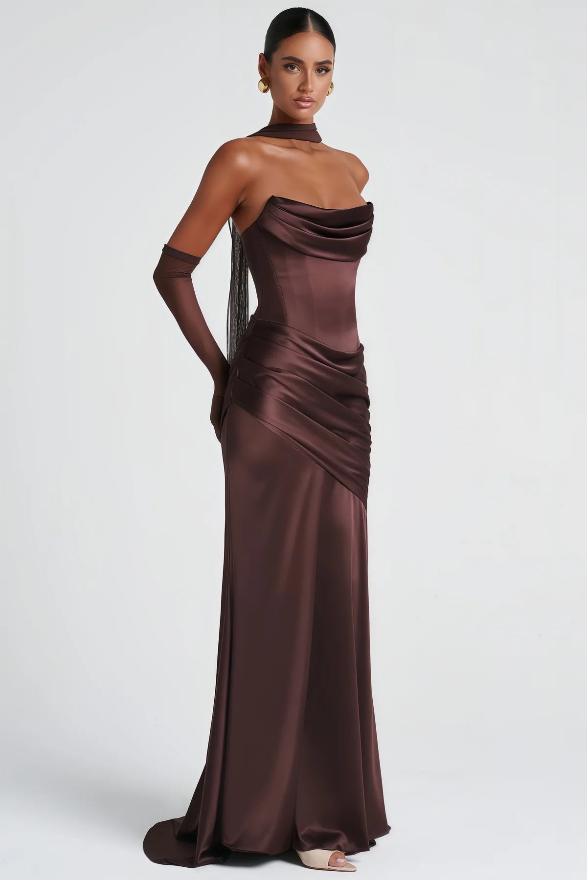 Brown Ruched Satin Maxi Dress