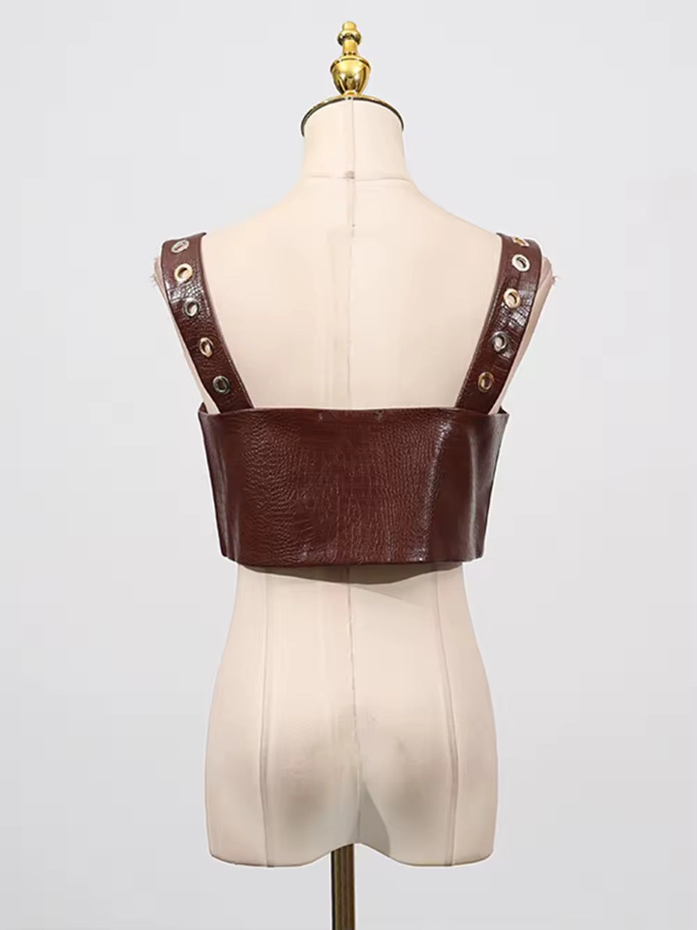Hole Leather Two Pieces Set Crop Top+High Waist Pants