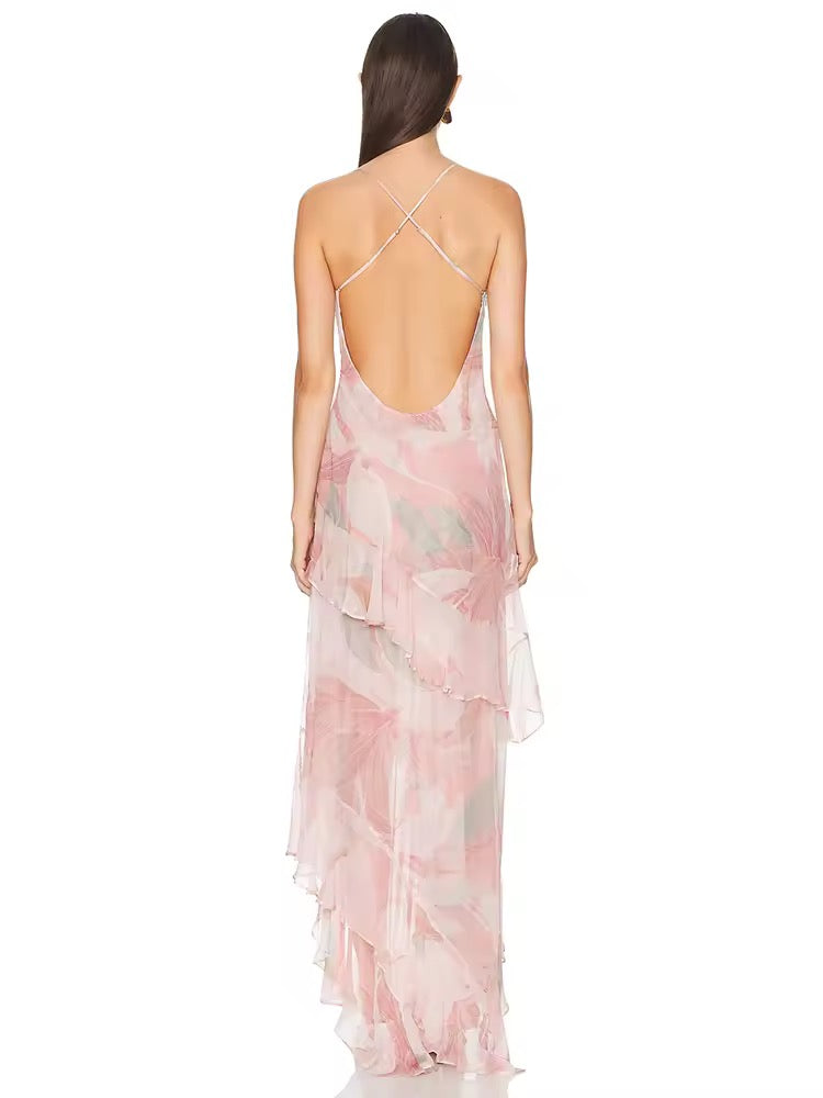 Pink Sleeveless Backless Spaghetti Strap Printed Ruffles Long Dress