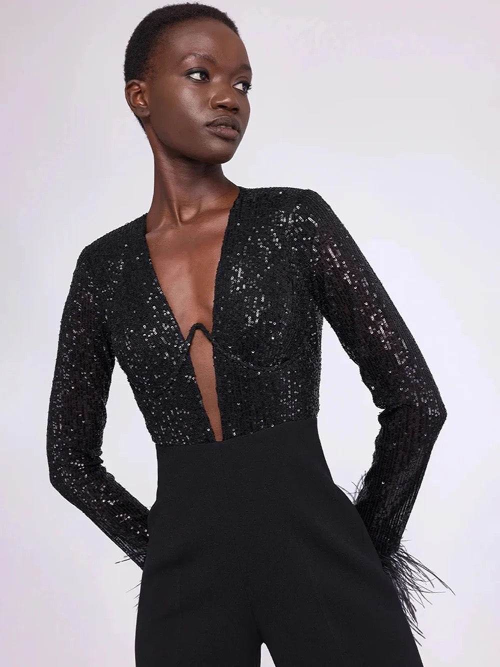 Long sleeved Feather Sexy V-neck Sequin jumpsuit - REBECATHELABEL