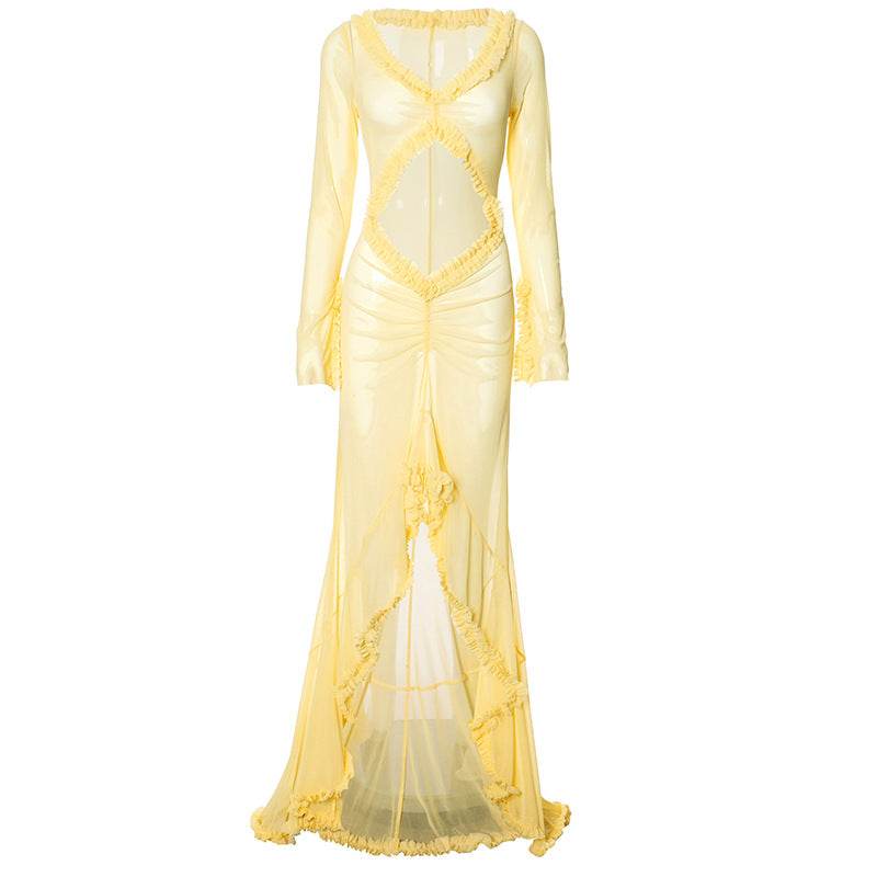 Solid Color Long Sleeve See Through Low Cut Sexy Dress - REBECATHELABEL