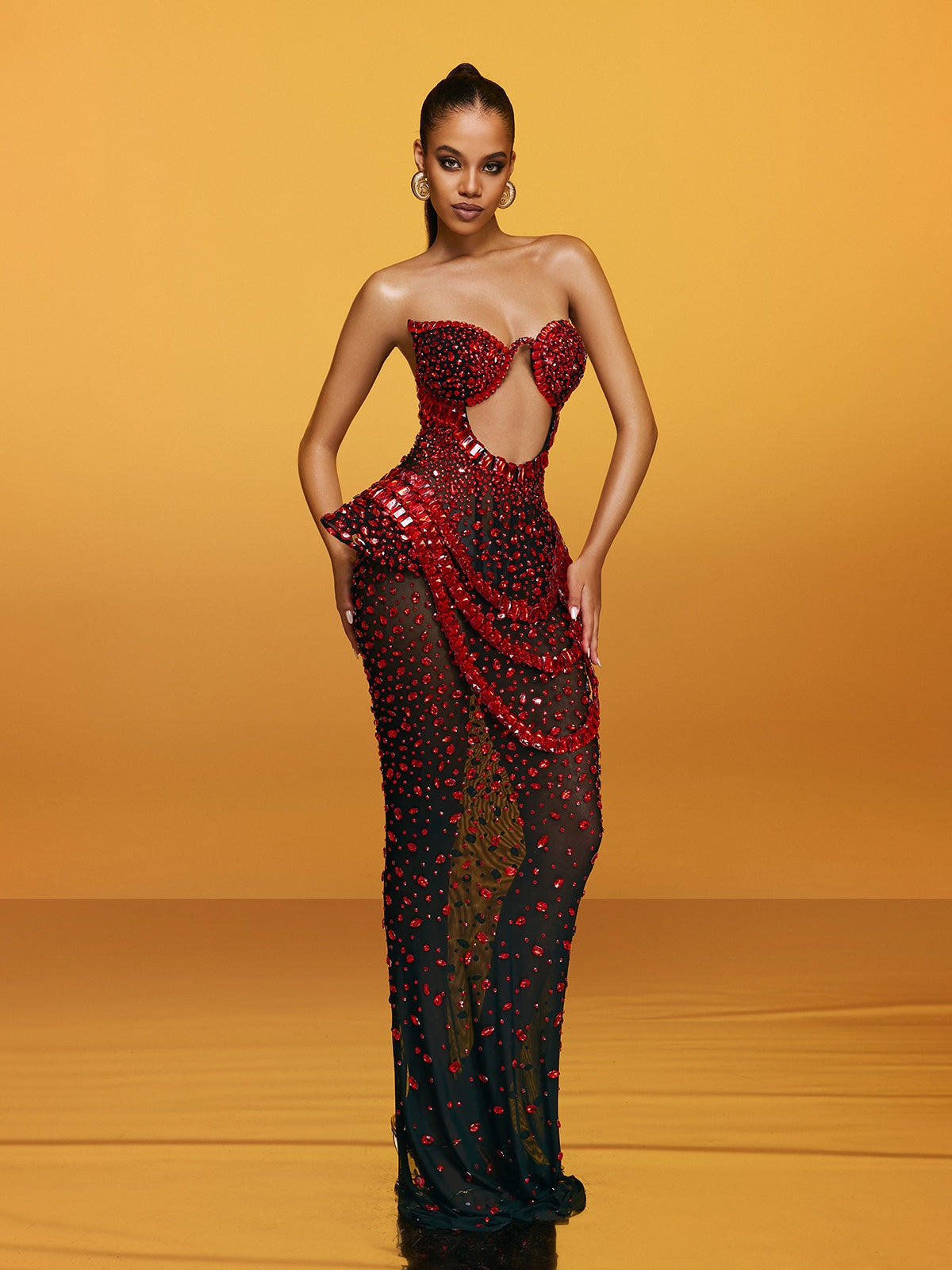 Strapless Cutout Crystal Maxi Dress In Wine