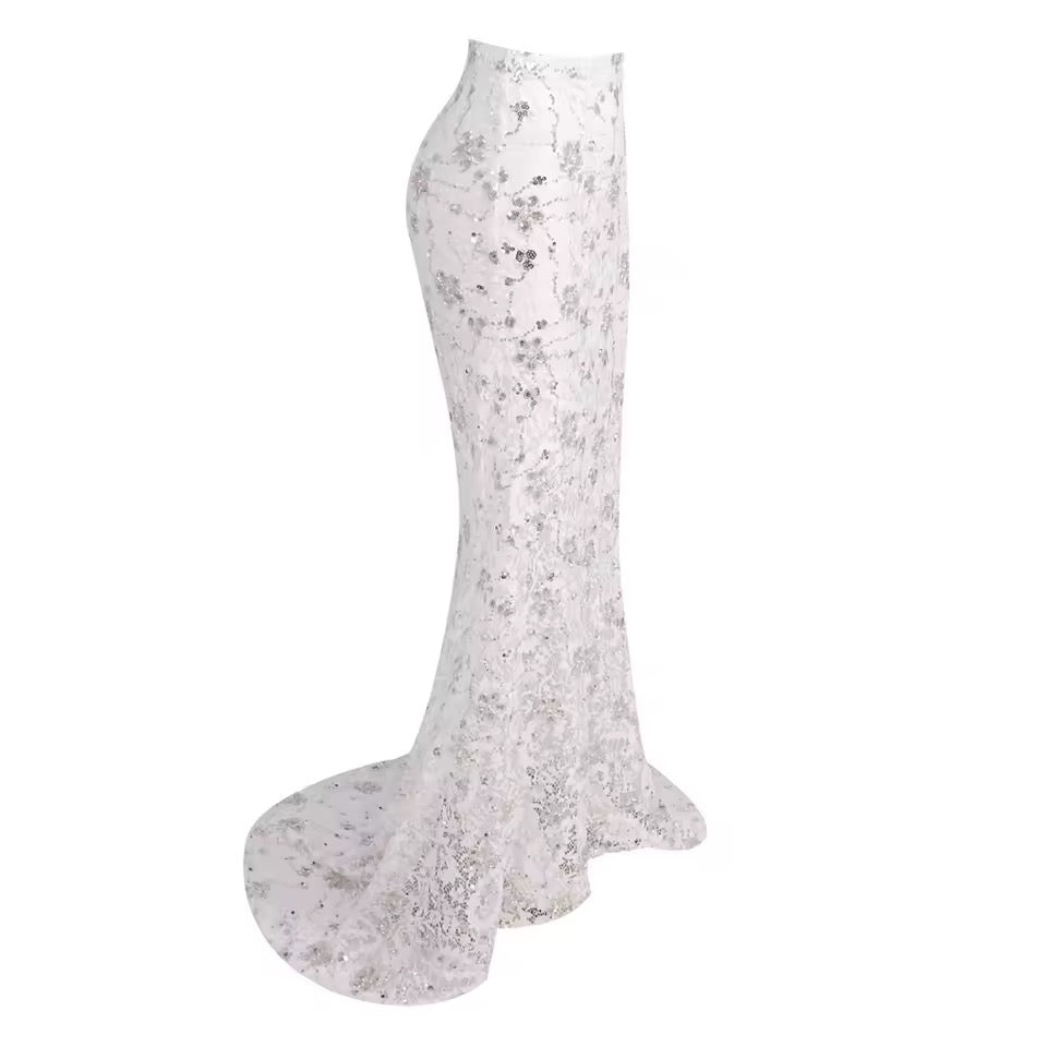 Diamond Backless Blazer Sequin See Through Lace Skirt set