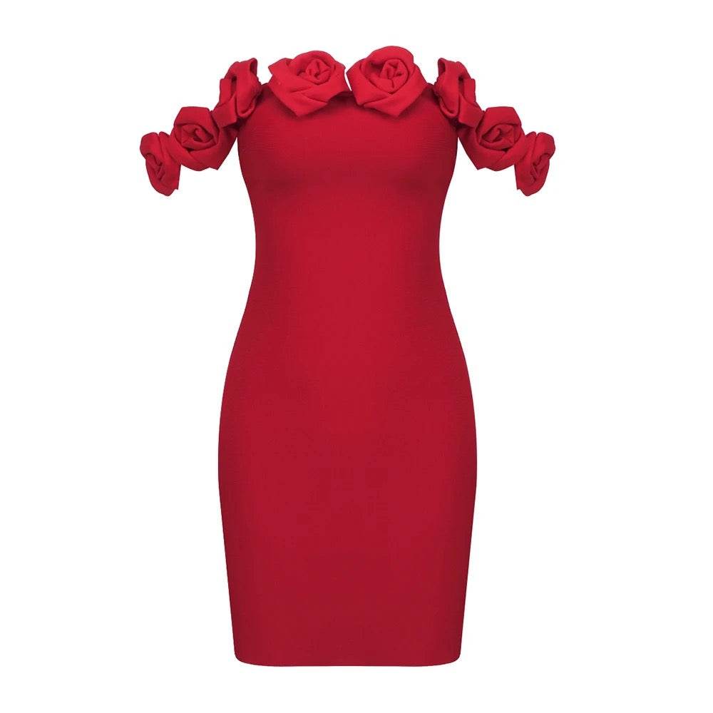 Red 3D Rose Details Shoulder Tight Mini Bandage Dress - REBECATHELABEL
