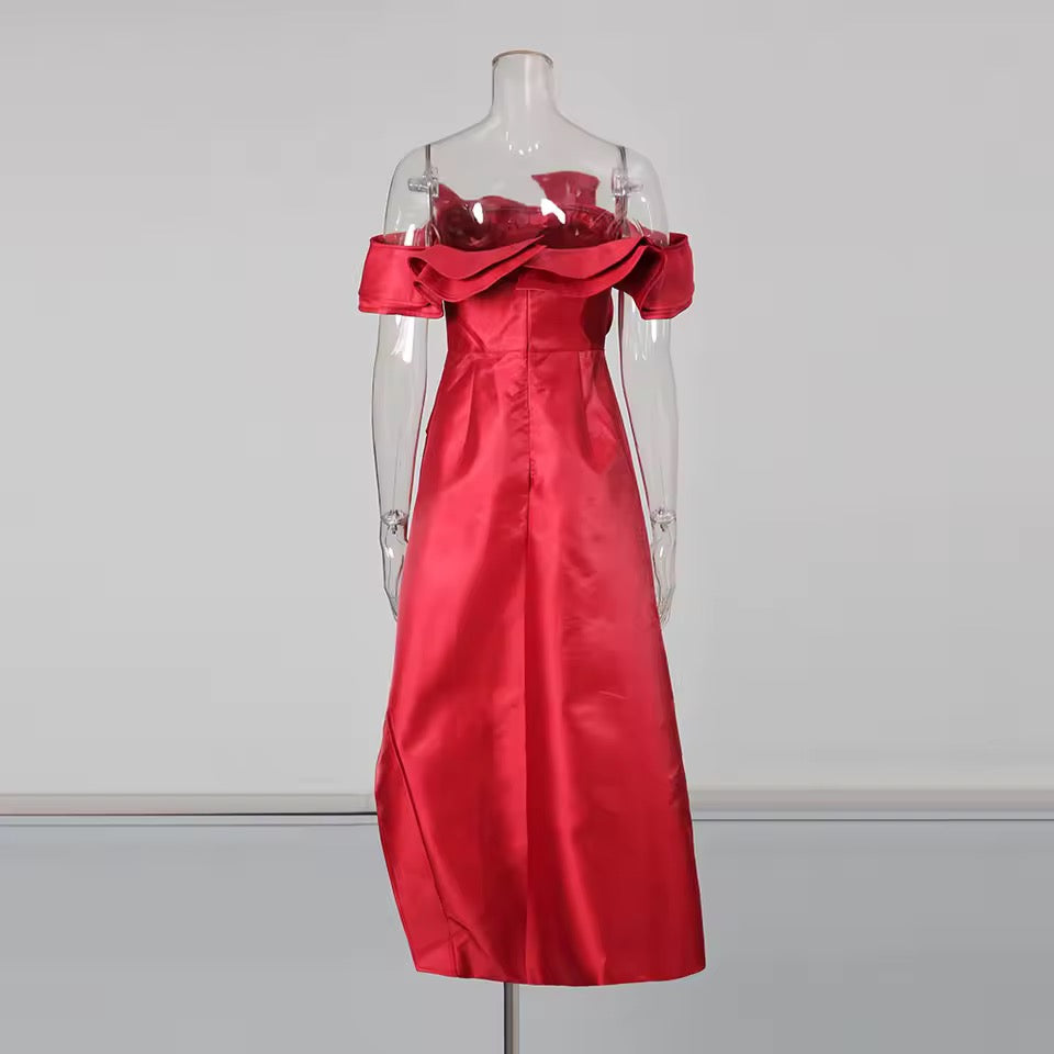 Red Spliced Folds Basics Dress Female Slash Neck Sleeveless