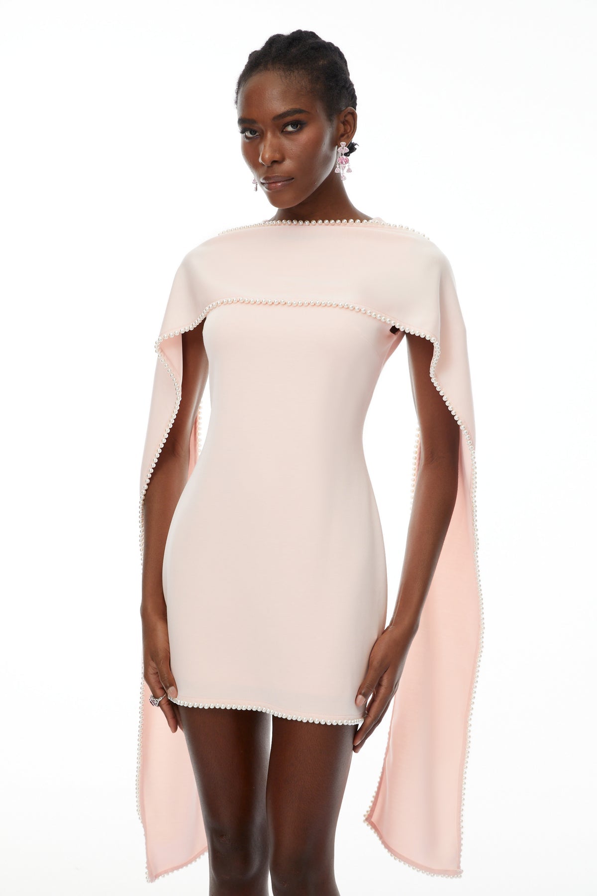 Pink Sleeveless Pearl Trim Mini Dress